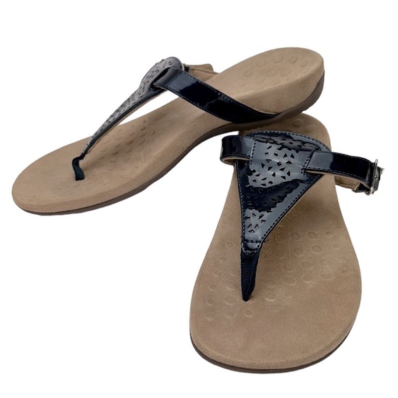 Vionic Perforated T-Strap Tropez Glossy Navy Patent Thong Sandals SZ 9 Orthotic - Picture 1 of 12